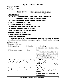 Giáo án Ngữ Văn Lớp 8 - Tiết 137: Văn bản thông báo - Năm học 2010-2011 - Lò Thị Sơn