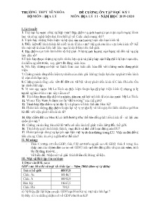 Đề cương ôn tập học kỳ I môn Địa lí 11 - Năm học 2019-2020 - Trường THPT Yên Hòa