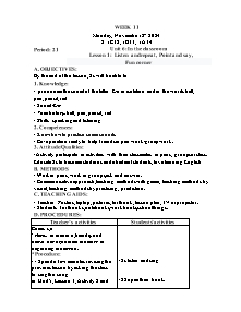 Kế hoạch bài dạy Tiếng Anh Lớp 1 - Tuần 11 - Năm học 2024-2025 - Trần Thị Hạnh