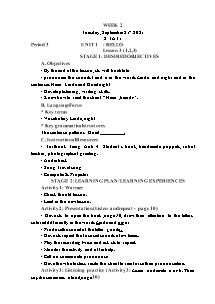 Kế hoạch bài dạy Tiếng Anh Lớp 3 - Tuần 2 - Năm học 2021-2022 - Trần Thị Hạnh